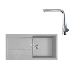 Franke Colonnes - Ensemble De Cuisine T77, évier En Tectonite S2D 611-100 Et Mitigeur FN 0147.031, Gris / Chrome 143.0650.603